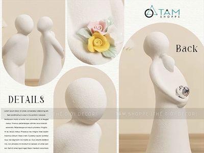 Tượng gốm đôi trai gái ôm hoa và trái tim [Nhẹ - Rỗng ruột] C16.5cm MOHINH-01